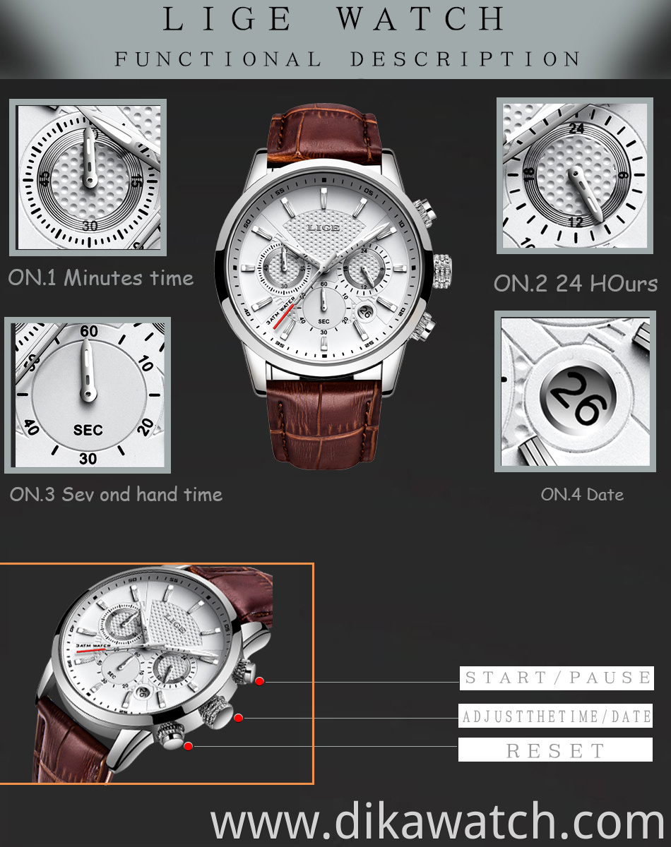 LIGE Mens Watches Top Brand Leather Chronograph Waterproof Sport Automatic Date Quartz Watch For Men Relogio Masculino